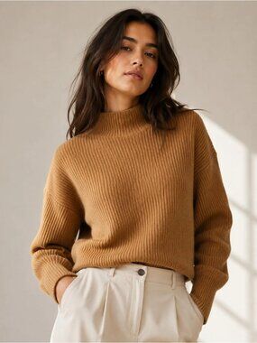 A.L.C. Ribbed Wool/Cashmere Blend Sweater Mock-Neck Camel Brown Women's Size XL